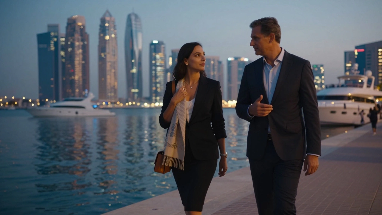 A couple walking peacefully along Dubai Marina at twilight, dressed elegantly, lost in quiet conversation.