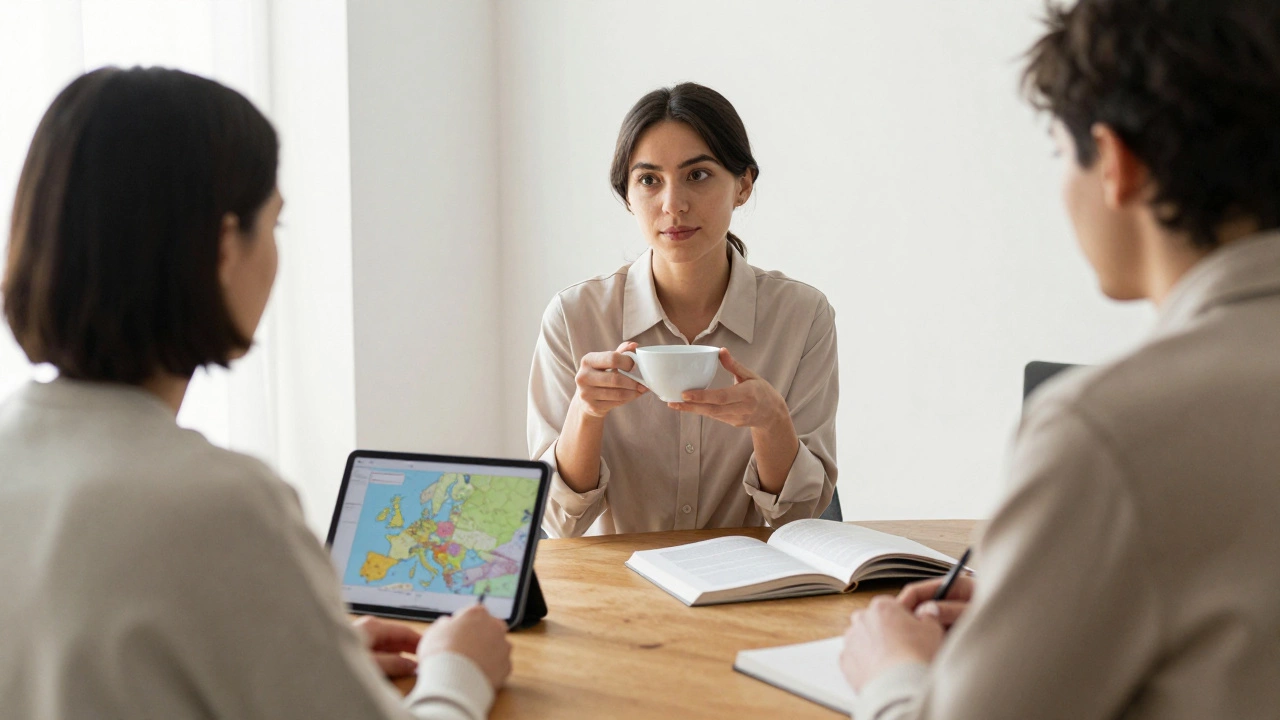 A professional woman and client sharing tea in a serene apartment, surrounded by books and subtle cultural touches.