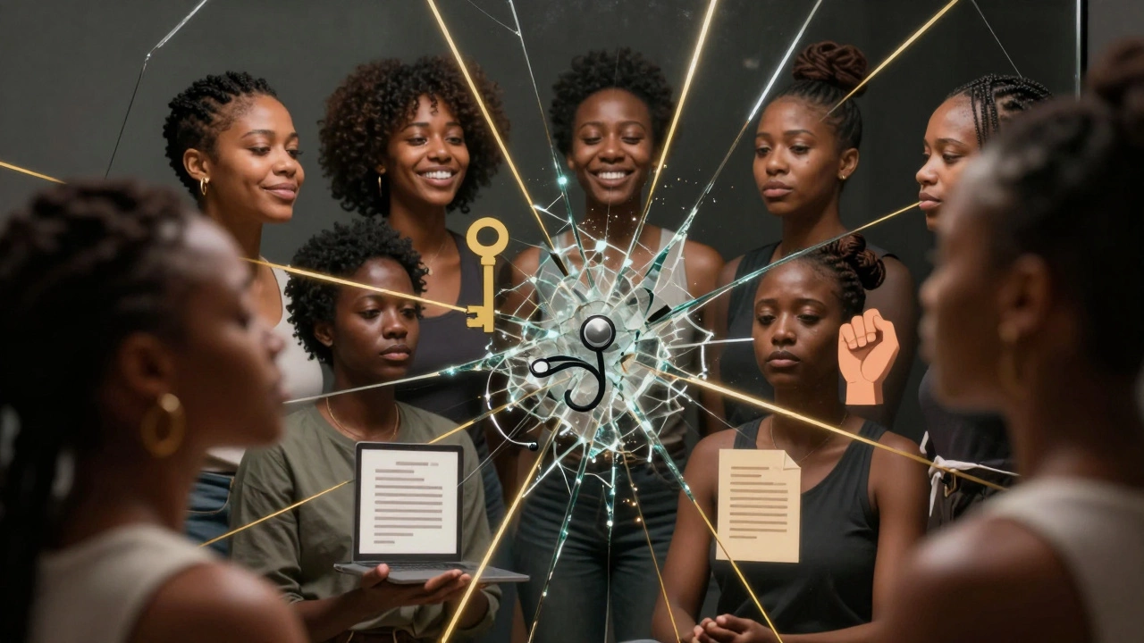 Fractured mirror reflecting diverse Black sex workers with symbols of survival and resistance.