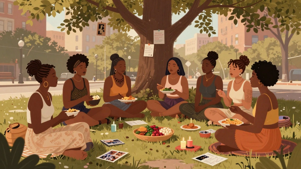 Group of Black sex workers sharing food and stories in a park, surrounded by candles and handwritten notes.
